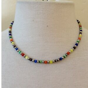 Multi Color Cats Eye Beaded Necklace Silver Tone Toggle Clasp Rainbow 17 Inch